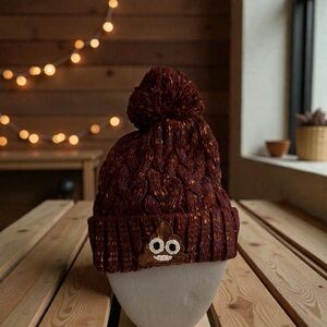 Bow and Drape Pom Pom Brown heathered wool Beanie w Emoji details NWOT